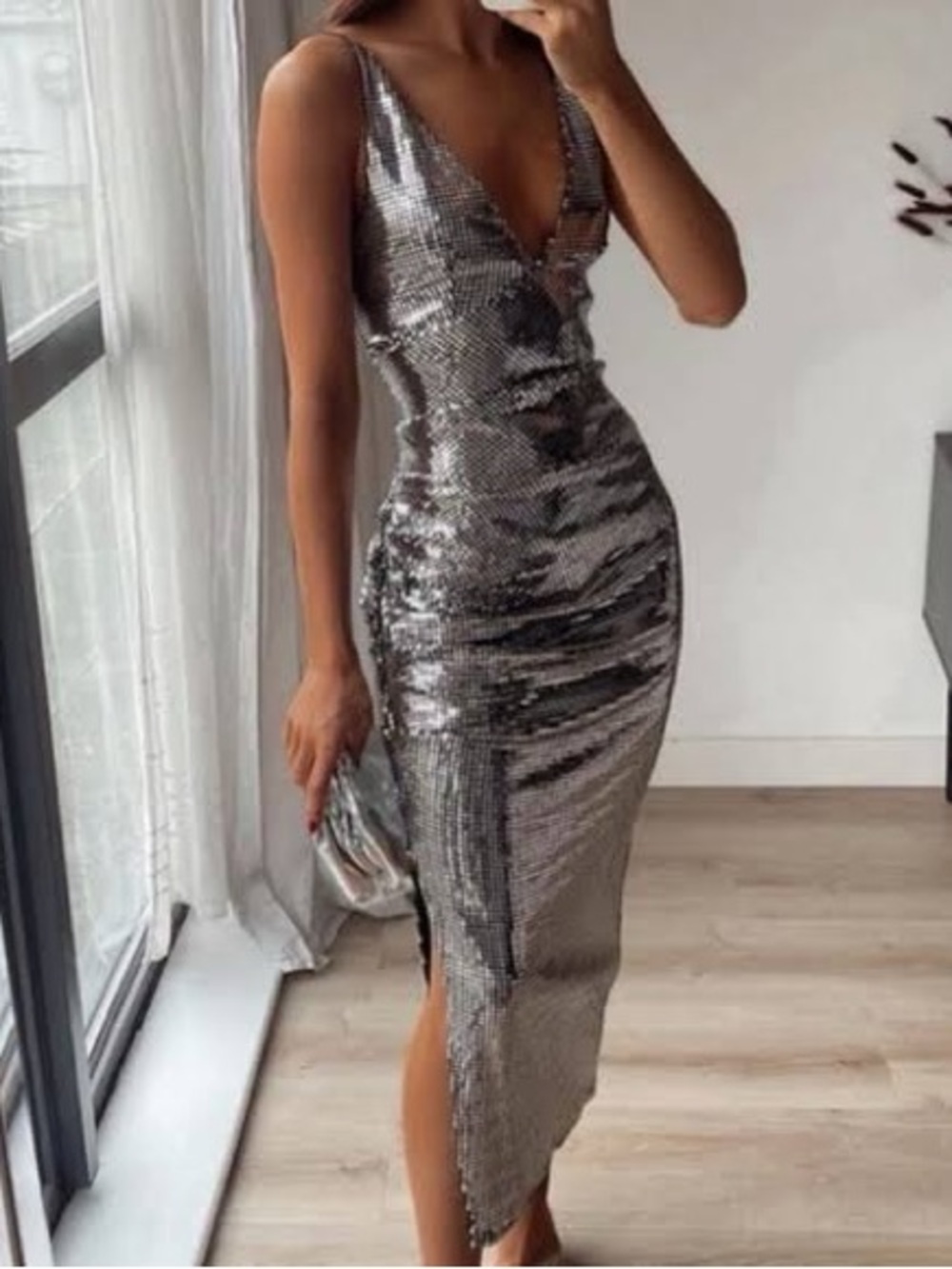 Zara Silver Sequin Midi Slip Dress